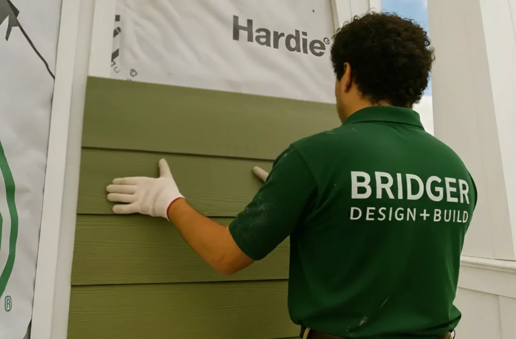 Bridger Design + Build crew installing James Hardie fiber cement siding